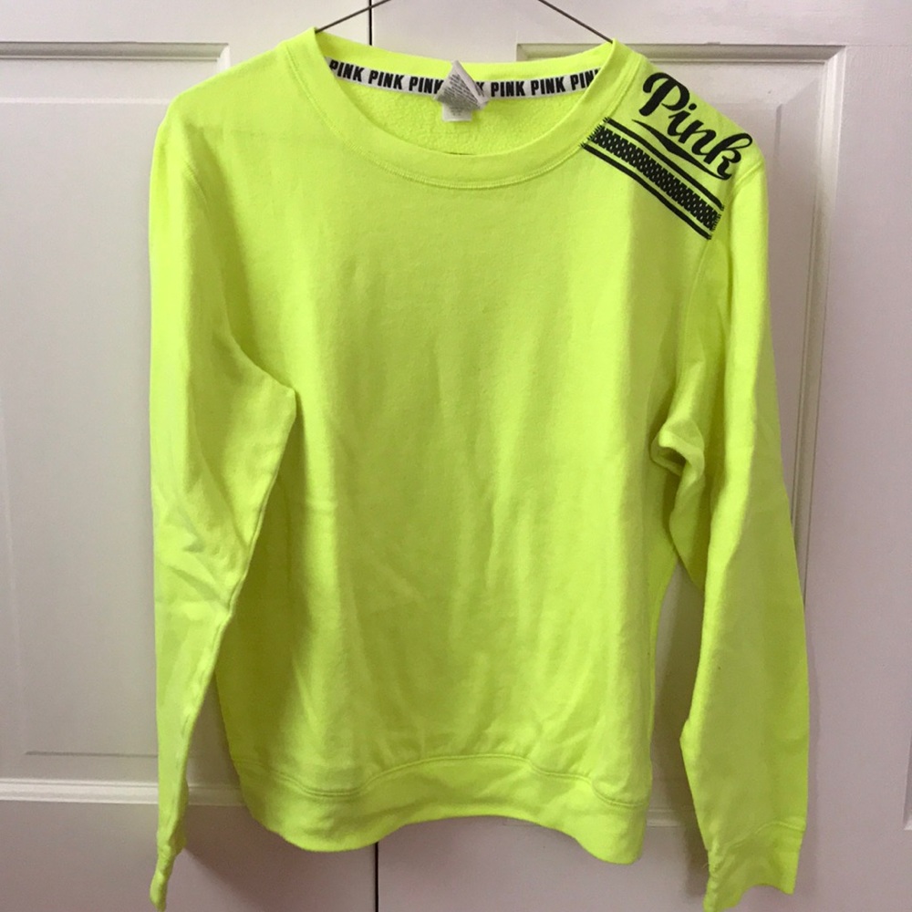 Neon yellow Victoria's Secret sweatshirt.